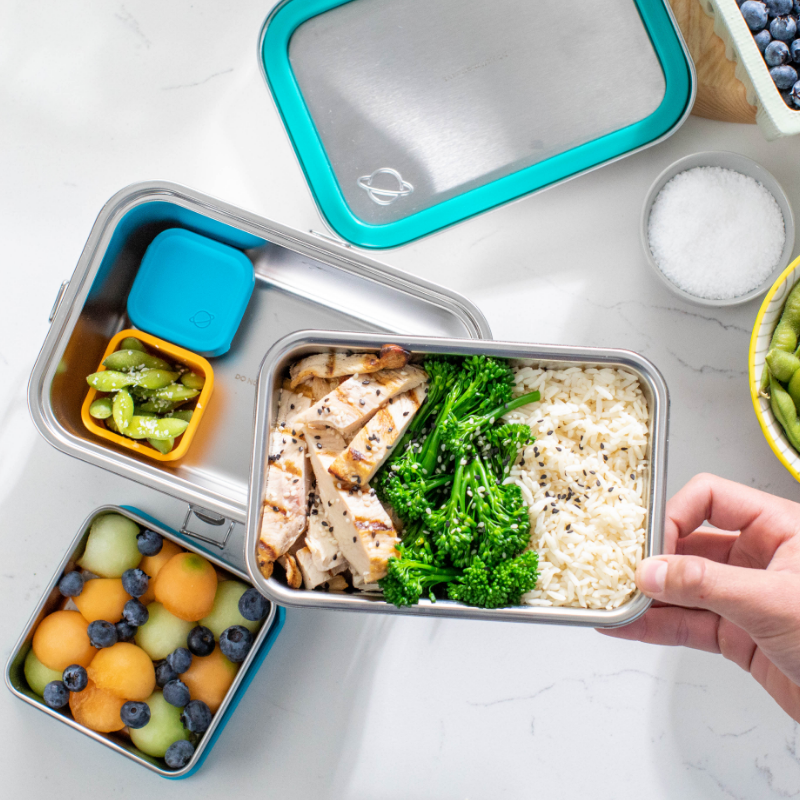 Explorer lunchbox featuring chicken, rice and broccoli, alongside a fruit salad and edamame beans.