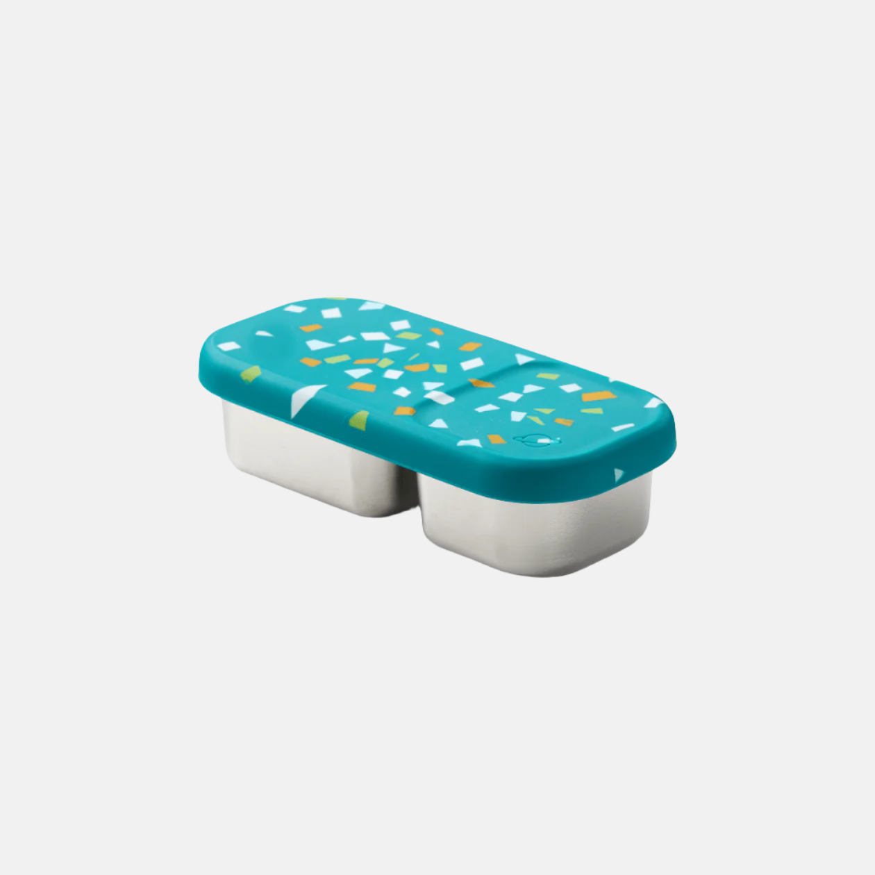 color::Lagoon Terrazzo | Lagoon dual sided container featuring terrazzo lid with orange, white and green flecks on white background.