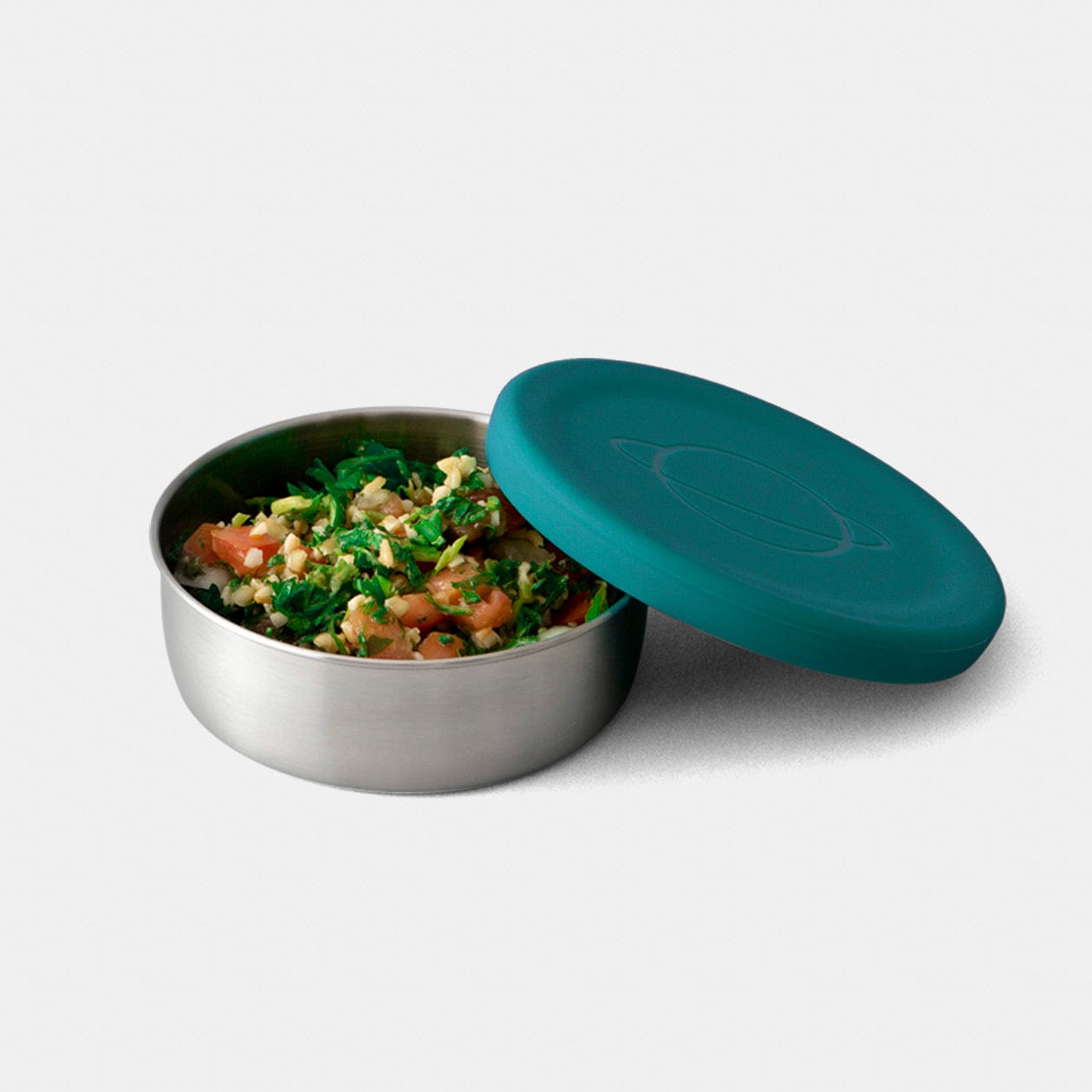 color::Lagoon | Stainless steel sauce container with teal silicone lid on white background