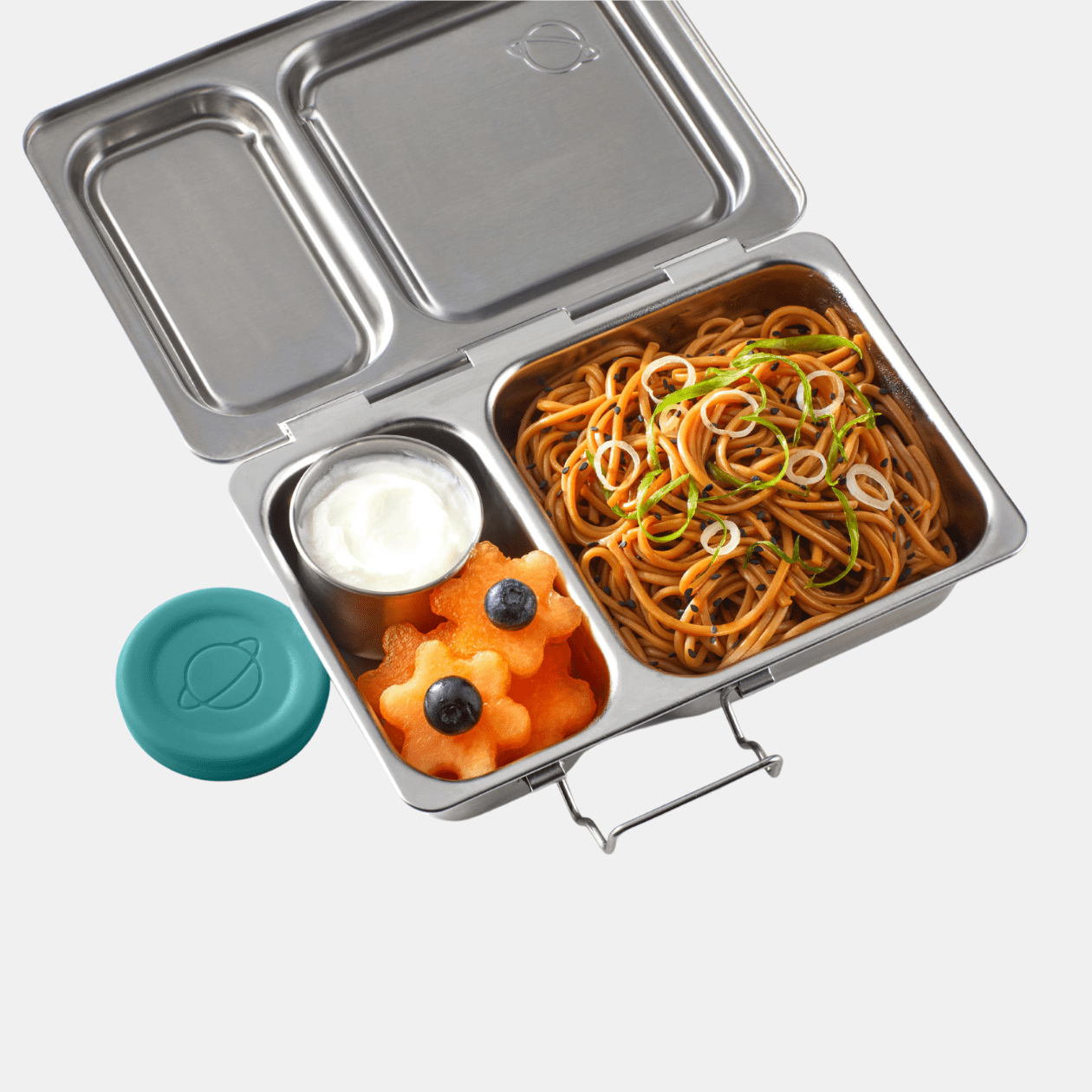 Shuttle Lunchbox with noodles and melon stars with yogurt dip