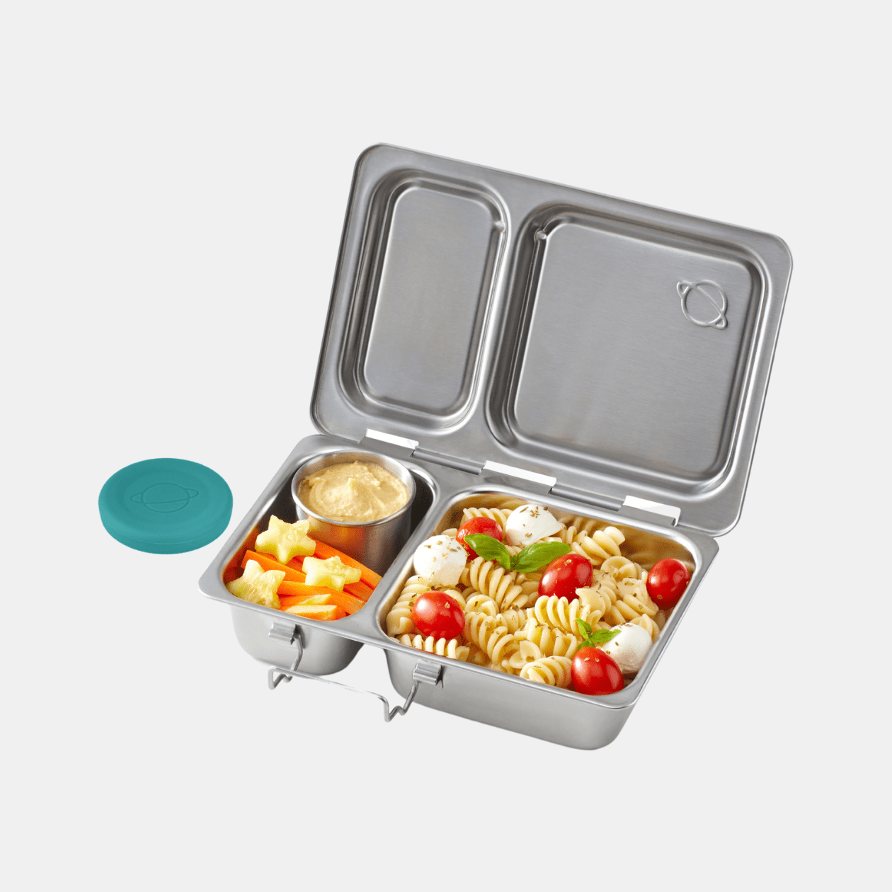 Shuttle lunchbox filled with pasta salad and hummus dop