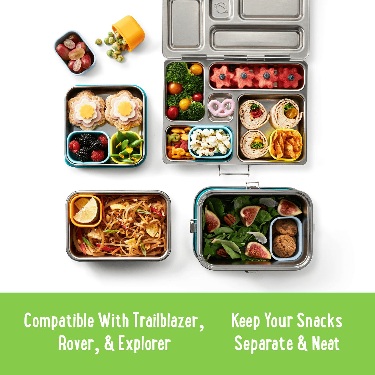 Infographic showing different lunchboxes filled with food ranging from fruit to salad, to goldfish. Text: Compatible with Trailblazer, Rover & Explorer. Keep your snacks separate & neat