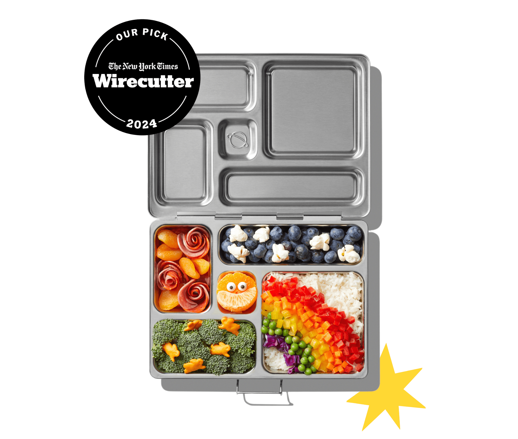 PlanetBox Rover lunchbox filled with rainbow themed foods. Badge on image read: New York Times Wirecutter "Our Pick" 2024