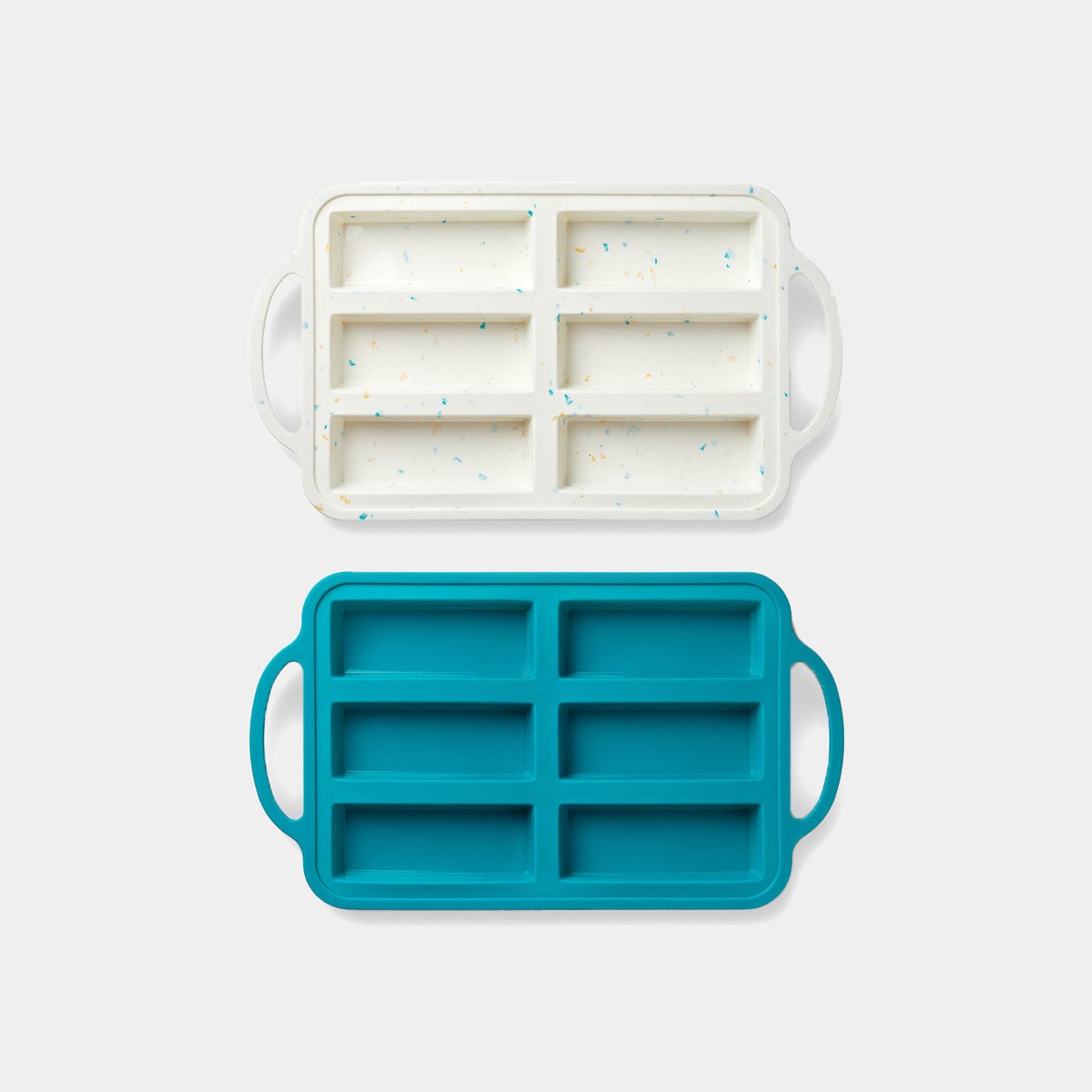 PlanetBox baking tray set featuring two, 2x3 welled trays in white terrazzo with colorful specks and teal frontal view.