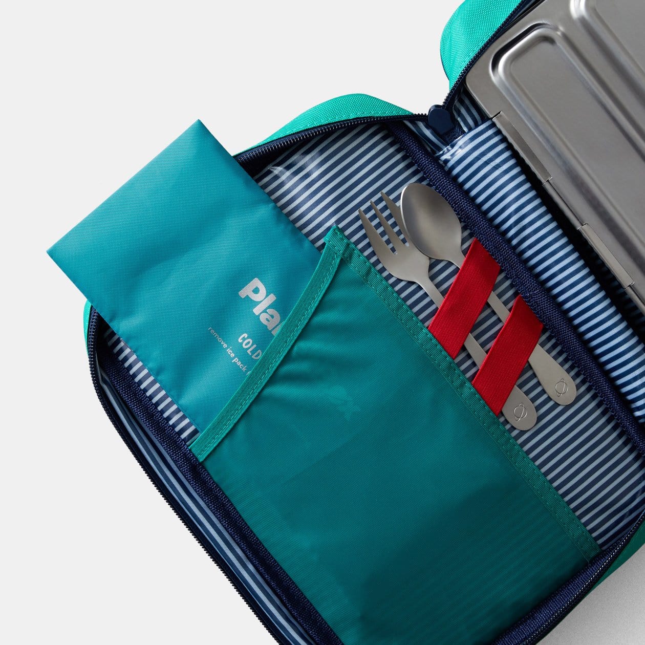 color::Teal | Planetbox ColdKit inside lunch box with striped background.