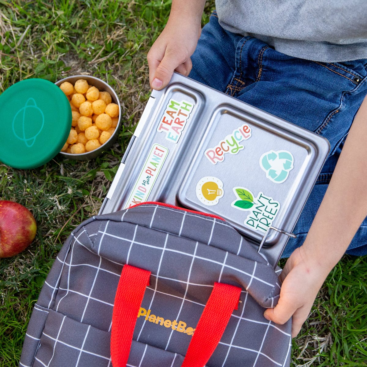 PlanetBox Go Green Mix and Match magnets being used on a Rover lunchbox.