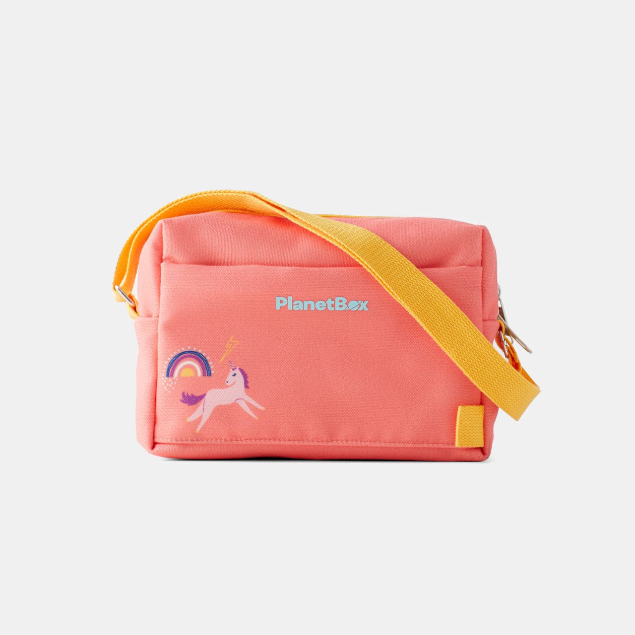 Peach colored PlanetBox Small Carry Bag with Yellow straps and small Unicorn and Rainbow graphic.