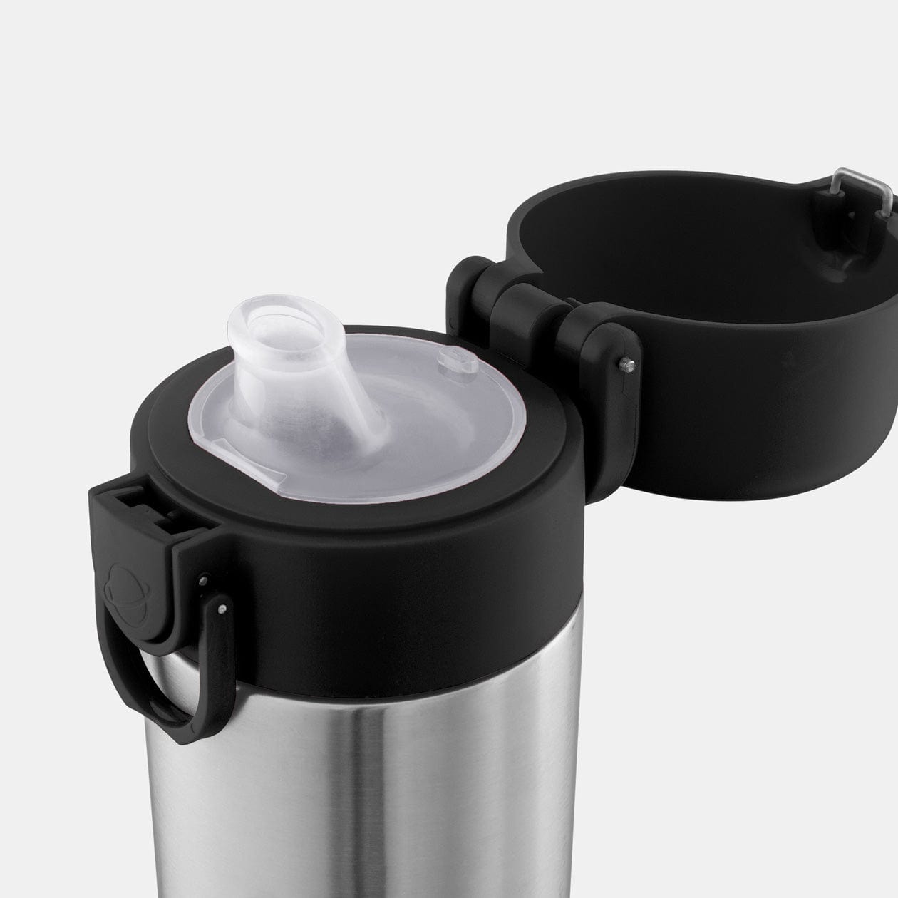 color::Black | 12oz Stainless Steel Sip Spout Water Bottle with opened Black cap and silicone sip spout.